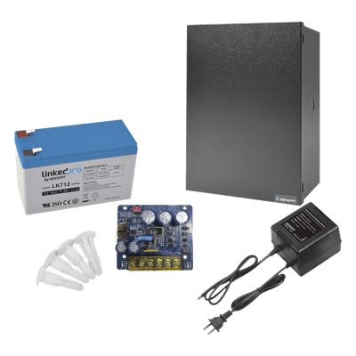 Kit con fuente PLB3 con salida de 12 Vcc a 4 Amper, incluye transformador y batería de 12 V a 7 Amper