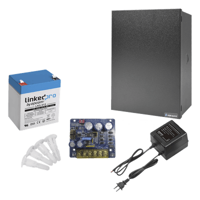 Kit con fuente PLB3 con salida de 12 Vcc a 4 Amper, incluye transformador y batería de 12 V a  5.5 Amper