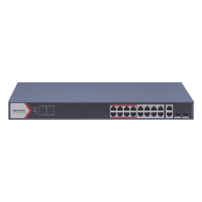 Switch PoE+ / Monitoreable / 16 puertos 10/100 Mbps PoE+ / 2 Puertos 1000 Mbps Uplink / 2 Puertos SFP de Uplink /  Configuración Nube Hik-Partner Pro / Modo Extendido hasta 300 metros / 230 W