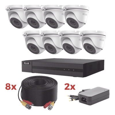 Kit TurboHD / DVR 8 Canales 1080p Lite / 8 Cámaras turret 1080p metalicas / 8 cables de 20 metros / 2 fuentes de 4 canales