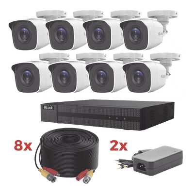 Kit TurboHD / DVR 8 Canales 1080p Lite / 8 Cámaras bala 1080p metalicas / 8 cables de 20 metros / 2 fuentes de 4 canales