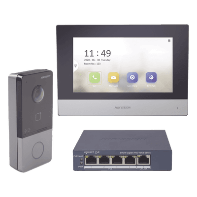 Kit de Videoportero IP + Switch Poe Poe Estandar con llamada a App de Smartphone (HikConnect) / Apertura con tarjeta MIFARE / Frente de calle IP65 / Soporta 1 Departamento