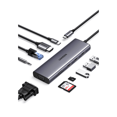 Hub USB-C 10 en 1 / HDMI 4K@30Hz + VGA 1920x1200 / 3x USB 3.0 5Gbps / Ethernet Gigabit / SD/TF Card Reader / PD 100W / Audio 3.5mm / Doble Pantalla Simultánea / Plug & Play Universal