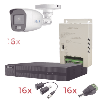 Kit TurboHD 1080p Lite / DVR 16 Canales / 16 Cámaras Bala Exterior ( 2.8mm) con ColorVu + Micrófono Integado / Transceptores / Conectores / Fuente de Poder Profesional