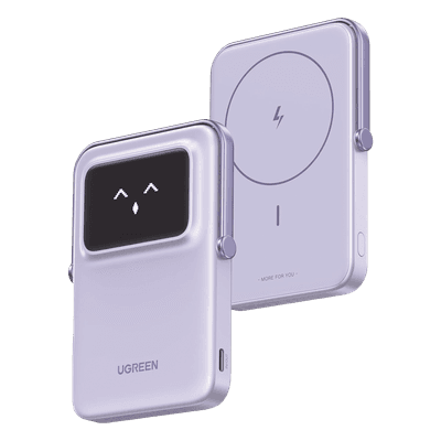 Power Bank Inalambrico | 5000mAh | 7.5W  |  Con Emojis de Estado | Carga Rápida USB-C Bidireccional  | Pantalla TFT  Inteligente | 13 niveles de Proteccion | Con Holder | Color Purple.