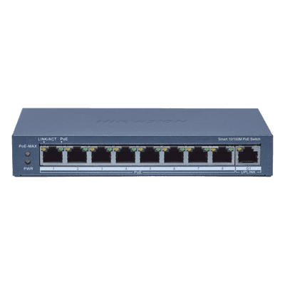 Switch Administrable PoE+ / 8 puertos 100 Mbps PoE+ / 1 puerto 1000 Mbps de Uplink / PoE hasta 300 Metros / Conexión Remota desde Hik-ParnerPro / 110 W
