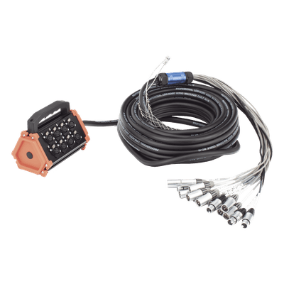 Stagebox Multipin / 12 Hembras + 4 Machos XLR / Cable 30 m (98.4 ft) / Contactos Plata / 20 A 250 V CA / Carcasa Cromada Perlada
