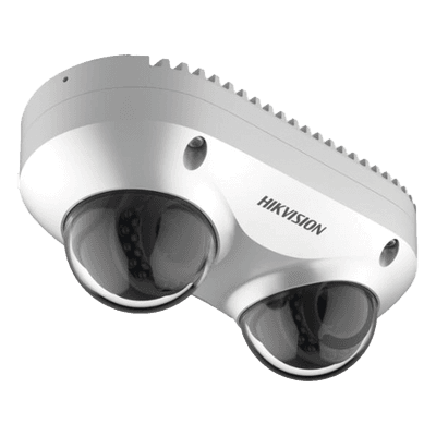 PanoVu Series / Lente Dual de 4 Megapixel / 2 Lentes Fijos de 2.8 mm / Recomendado para Pasillos o Esquinas / IP67 / IK10 / PoE / WDR 120 dB / 10 mts IR / Entrada y Salida de Audio y Alarma / MicroSD