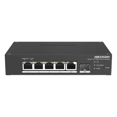 Switch PoE+ Industrial de Escritorio / Administrable / 4 Puertos 10/100 Mbps PoE+ / 1 Puerto 1000 Mbps Uplink / 1 Puertos SFP  /  Configuración Nube Hik-PartnerPro / Modo Extendido hasta 300 Metros / 60 Watts