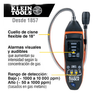 Detector de Fugas de Gas Combustible / 50-10,000 ppm / Sensor Electroquímico / Cuello Flexible 18'' (1.5 ft) / Alarma 85 dB