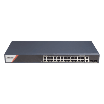 Switch Gigabit PoE+ / Industrial / Administrable / 24 Puertos 1000 Mbps PoE+ (4 Puertos PoE++ 90 W) / 2 Puertos 1000 Mbps de Uplink / 2 Puertos SFP / Configuración Nube Hik-PartnerPro / Modo Extendido hasta 300 Metros / 370 W