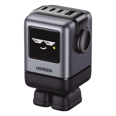 Cargador RobotGaN de 100W Serie UNO | 4 Puertos de Carga Rápida | 3 USB-C | 1 USB-A | PD 3.0 | QC 4.0 | Carga Inteligente | Tecnología GaN II | Zapato Magnético Extraíble | Carcasa Ignífuga | Pantalla LED