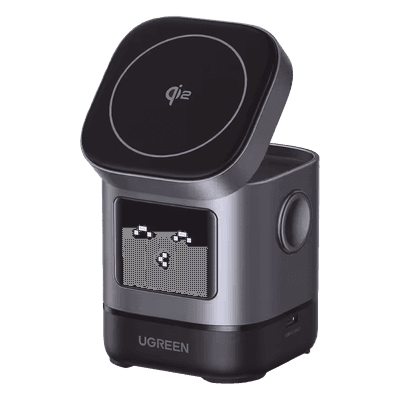 Cargador Inalámbrico Robot 2 en 1 UGREEN Qi2 / 15W Ultra Rápido para iPhone / 5W para AirPods / Pantalla Inteligente con Expresiones / Imanes N48H / Puerto USB-C 5W para Apple Watch / Compatibilidad MPP