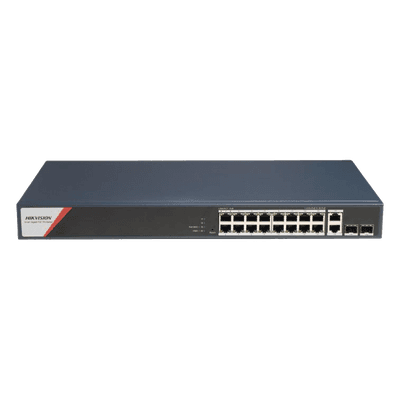 Switch Gigabit PoE+ / Administrable / 16 Puertos 1000 Mbps PoE+ (4 Puertos PoE++ 90 W) / 2 Puertos 1000 Mbps de Uplink / 2 Puertos SFP / Configuración Nube Hik-PartnerPro / Modo Extendido hasta 300 Metros / 230 W