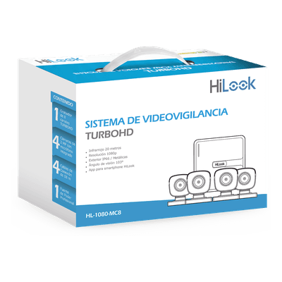 KIT TurboHD 1080p / DVR 8 canales con H.265+ / 4 Cámaras Bala Metálicas / Fuente de Poder / Accesorios de Instalación