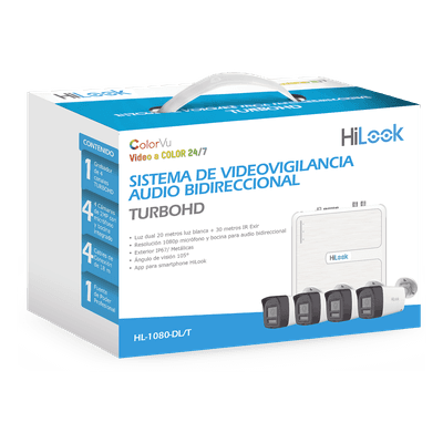 Kit TurboHD 1080p / DVR 4 canales / 4 Cámaras Bala de Policarbonato / Audio Bidireccional / Dual Light (IR + Luz Blanca) / H.265+ / 1 Fuente de Poder Profesional / Accesorios de Instalación