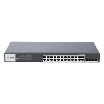 Switch Gigabit PoE+ / Industrial / Administrable / 24 Puertos 1000 Mbps PoE+ / 4 Puertos SFP / Configuración Nube Hik-PartnerPro / Modo Extendido hasta 300 Metros / 370 W