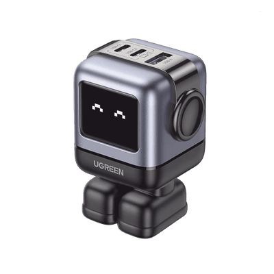 Cargador RobotGaN de 65W Serie UNO | 3 Puertos de Carga Rápida | 2 USB-C | 1 USB-A | PD 3.0 | QC 4.0 | Carga Inteligente | Tecnología GaN II | Zapato Magnético Extraíble | Carcasa Ignífuga | Pantalla LED