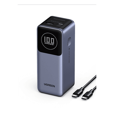 Power Bank de 12000mAh | 2 Salidas 100W Max. | USB-A + 1 USB-C | PD 3.0 | QC3.0 | FCP | SCP | Pantalla Inteligente | Carcasa Ignifuga | Color Gris | Incluye Cable USB de 50cm | Carga tu Laptop de Manera Segura.