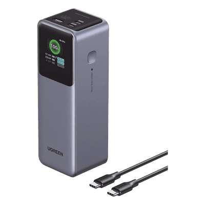 Power Bank de 25000mAh | 3 Salidas 200W Max. | USB-A + 2 USB-C | PD 3.0, QC3.0 | FCP | SCP | Pantalla Inteligente | Carcasa Ignifuga | Color Gris | Incluye Cable USB de 50cm | Carga tu Laptop de Manera Segura.