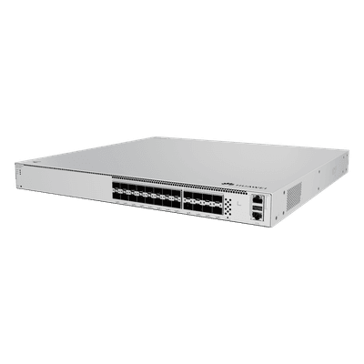 Switch Core Capa 3 / 16 puertos SFP 10 Gbps + 8 puertos SFP28 25 Gbps / Conmutación 1,120 Gbit/s / Reenvío 833 Mpps / iStack sin licenciamiento / Ruteo dinámico RIP/OSPF/BGP/IS-IS / Fuente AC/DC intercambiable / 1U
