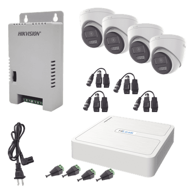 Kit HiLook Audio Bidireccional TurboHD 1080p / DVR 4 Canales / 4 Cámaras Eyeball (Exterior) con Bocina y Microfóno Integrado / 1 Fuente de Poder / Accesorios