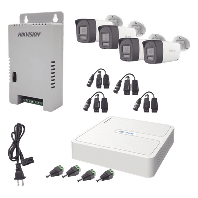 Kit HiLook Audio Bidireccional TurboHD 1080p / DVR Metalico 4 Canales / 4 Cámaras Bala (Exterior) con Bocina y Micrófono Integrado / 1 Fuente de Poder / Accesorios