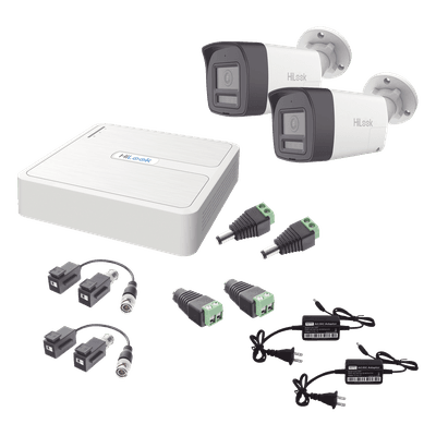 Kit HiLook Audio Bidireccional TurboHD 1080p / DVR 4 Canales / 2 Cámaras Bala (Exterior) con Bocina y Microfóno Integrado / 2 Fuentes de Poder / Accesorios