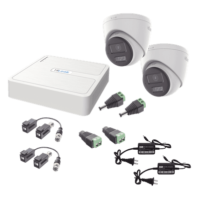 Kit HiLook Audio Bidireccional TurboHD 1080p / DVR 4 Canales / 2 Cámaras Turret (Exterior) con Bocina y Microfóno Integrado / 2 Fuentes de Poder / Accesorios
