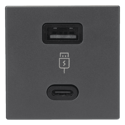 Módulo de Carga USB Doble / 30W PD+QuickCharge / USB-A + USB-C / 45x45 mm / Grafito