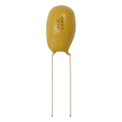 Capacitor de Tántalo / 2.2 µF (2200 nF) / 25 Vcc / Tolerancia 10% / Radial 2.54 mm (0.1 in) / -55°C a +125°C