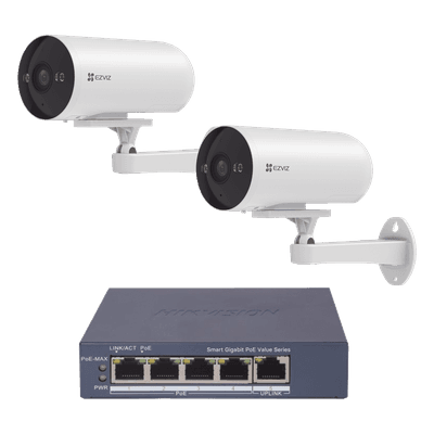 Kit de cámaras PoE Para Uso en Exterior / PoE Estandar Af / 2 piezas CS-H5/3MP/ 1 Pieza de Switch DS-3E1505P-EI/M / Vision Nocturna a Color / IP67 / Audio Bidireccional / Luz y Sirena / 4 Puertos 1000 Mbps PoE+ / 1 Puerto 1000 Mbps Uplink