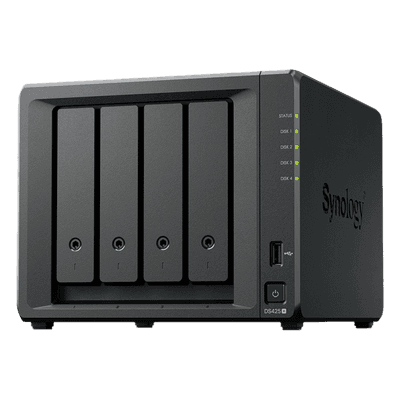 NAS DiskStation DS425+ | 4 Bahías | Intel Celeron J4125 2.7 GHz | 2 GB DDR4 / 2.5GbE + 1GbE | 2 Puertos USB 3.2 Gen 1 | 2 Ranuras M.2 NVMe | Hasta 80 TB | Synology DSM.