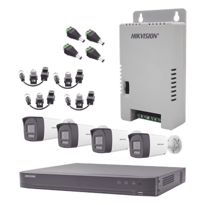 Kit Audio Bidireccional TurboHD 3K Real / DVR 4 Canales 4K / 4 Cámaras Bala (Exterior) con Bocina y Microfóno Integrado 3K / 1 Fuentes de Poder / Accesorios