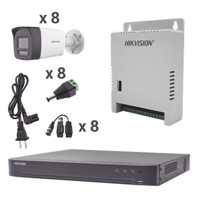 Kit Audio Bidireccional TurboHD 4K-3K / DVR 8 Canales 4K / 8 Cámaras Bala (Exterior) con Bocina y Microfóno Integrado 3K / 1 Fuentes de Poder / Accesorios