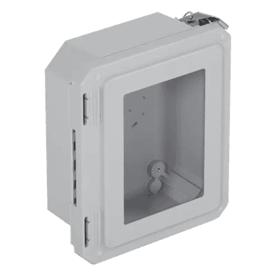 Caja de Fibra de Vidrio / 8.77" (22.27 cm) Alto x 6.77" (17.19 cm) Ancho x 4.06" (10.31 cm) Profundo / Ventanilla Transparente / Certificación UL/cUL / Uso Exterior