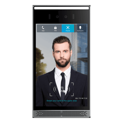 Videoportero IP / Pantalla Táctil IPS 8" / Reconocimiento Facial 10,000 Rostros / Cámara 2MP Lente Dual / 7 Métodos de Acceso / BLE + Wiegand / IP66 IK07 / PoE
