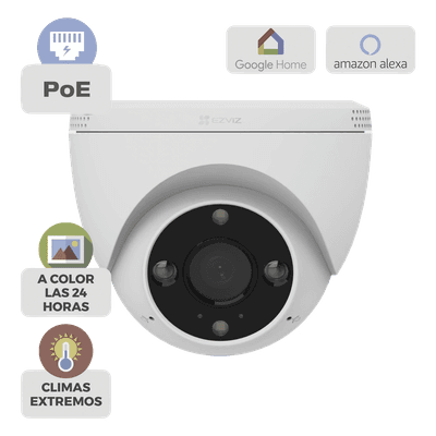 Cámara IP Domo PoE / Resolución 2K  3 Megapixel / Visión Nocturna a Color 30 m / Lente 2.8 mm 106° / Detección IA Humano/Vehículo / Audio Bidireccional / Defensa Activa con Luz y Sirena / IP67