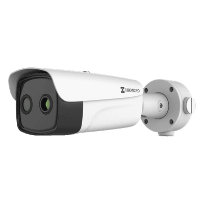 (HIKMICRO) Bala IP Bi-Espectral / Térmica (388 X 288 / 35 mm) + Óptica (4 MP / 12.4 mm) / IA GUANLAN / Rango: -20°C a 150°C / 8°C Tolerancia / Detección de Fuego y Humo / Alarma Visual y Audible / Dual Light / PoE / Antico