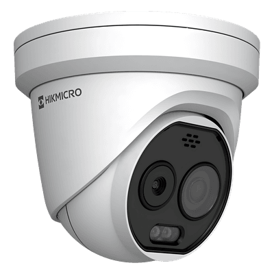 (HIKMICRO) Turret IP Bi-espectral (Térmica + Óptica) / Lente Térmico 2.1 mm (256 X 192) / Lente Óptico 2.2 mm (5 Megapixel) / Detección de Temperatura (-20°C a 650°C) / IA con GUANLAN / Dual Light (30 mts IR + 30