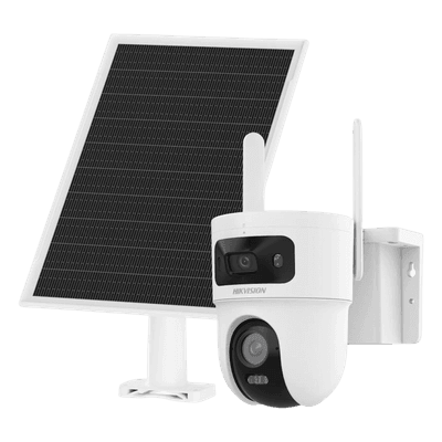 Kit Solar IP All in One Doble Lente / AOV / PT IP 4 Megapixel Lente 4 mm / Fijo 4 Megapixel Lente 2.8 mm / Panel Solar + Batería de Respaldo de Litio (9000 mAh) / Conexión 4G / Audio de Dos Vías / Dual Light / IP66 / Micro SD