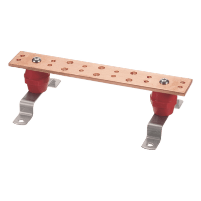 Barra Unión Telecom TMGB / 12 x 2 x 1/4 in / Cobre 100% / 6+12 Orificios / Montaje Muro Incluido / Aisladores Rojos / J-STD-607-A