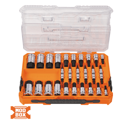 Juego de Dados / 13 Piezas / SAE-Métrico-Hex-Torx® / 3 Conducciones 1/4-3/8-1/2 Pulgada / Acabado Moleteado / Marcado en Relieve