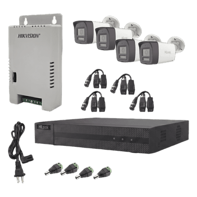 Kit HiLook Audio Bidireccional TurboHD 1080p / DVR Metalico 4 Canales / 4 Cámaras Bala (Exterior) con Bocina y Micrófono Integrado / 1 Fuente de Poder / Accesorios
