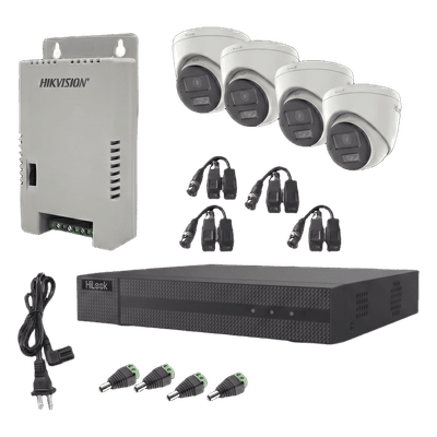 Kit HiLook Audio Bidireccional TurboHD 1080p / DVR Metalico 4 Canales / 4 Cámaras Eyeball (Exterior) con Bocina y Microfóno Integrado / 1 Fuente de Poder / Accesorios