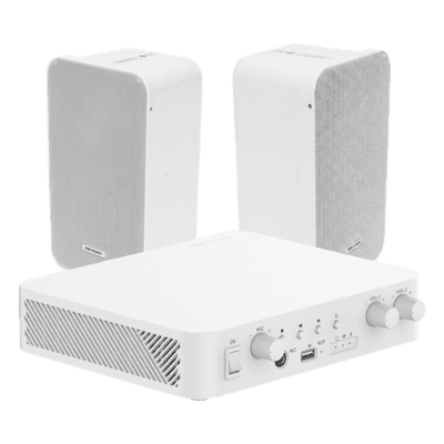 Kit Amplificador 100V / 2 Canales 30W / Bluetooth / USB / RCA / 2 Altavoces Pared 20W / IP66