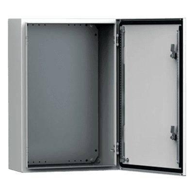 Gabinete de Pared Exterior / IP66 NEMA 4/12/13 / IK10 / Acero 16ga 1.5 mm / 400 x 300 x 210 mm (15.7 x 11.8 x 8.3 in) / Bisagras Ocultas 130° / Platina de Montaje