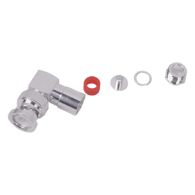 Conector Coaxial BNC Macho / Ángulo Recto / Rosca / Bronce Plateado / Contacto Oro / Teflón / RG-58/U, RG-142/U, LMR-195