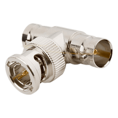 Adaptador RF en T / BNC Macho a Doble BNC Hembra / 50 Ohm / Cuerpo Troquelado Niquelado / Contacto Oro / Aislante Delrin