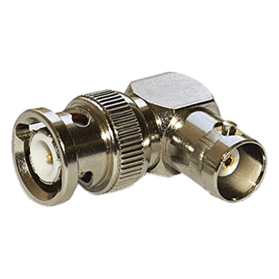 Adaptador RF / BNC Macho a Hembra / Ángulo Recto / 50 Ohm / Cuerpo Niquelado / Contacto Plateado / Aislante Teflón
